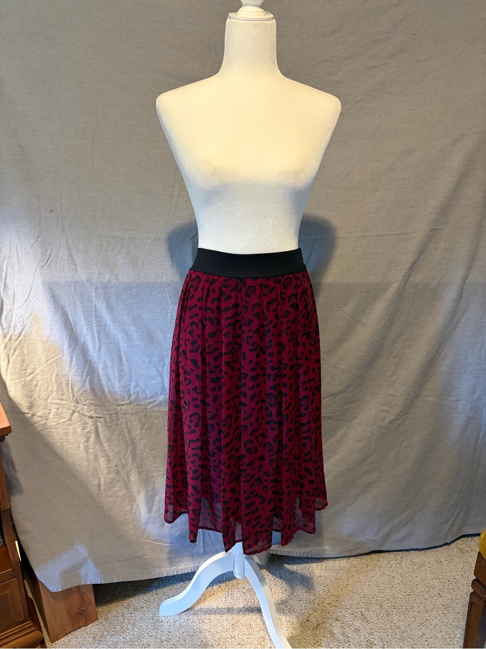 White House Black Market Burgundy Leopard Midi Skirt with Black Waistband